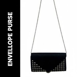 ENVELOPE Purse - Black Bag with Gold Tone Studs. Also use as Crossbody/Shoulder